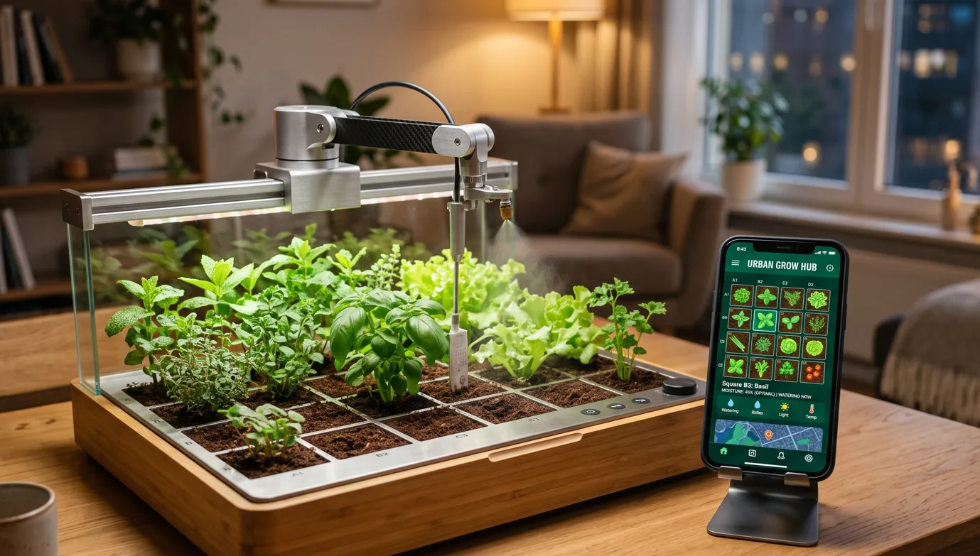 Potager connecté avec bras d'arrosage et application mobile