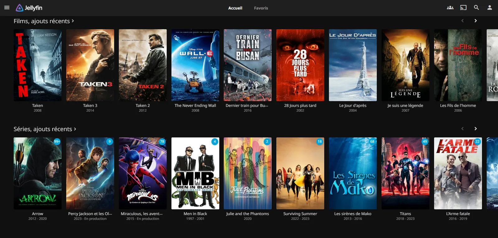 Interface de mon serveur de streaming Jellyfin